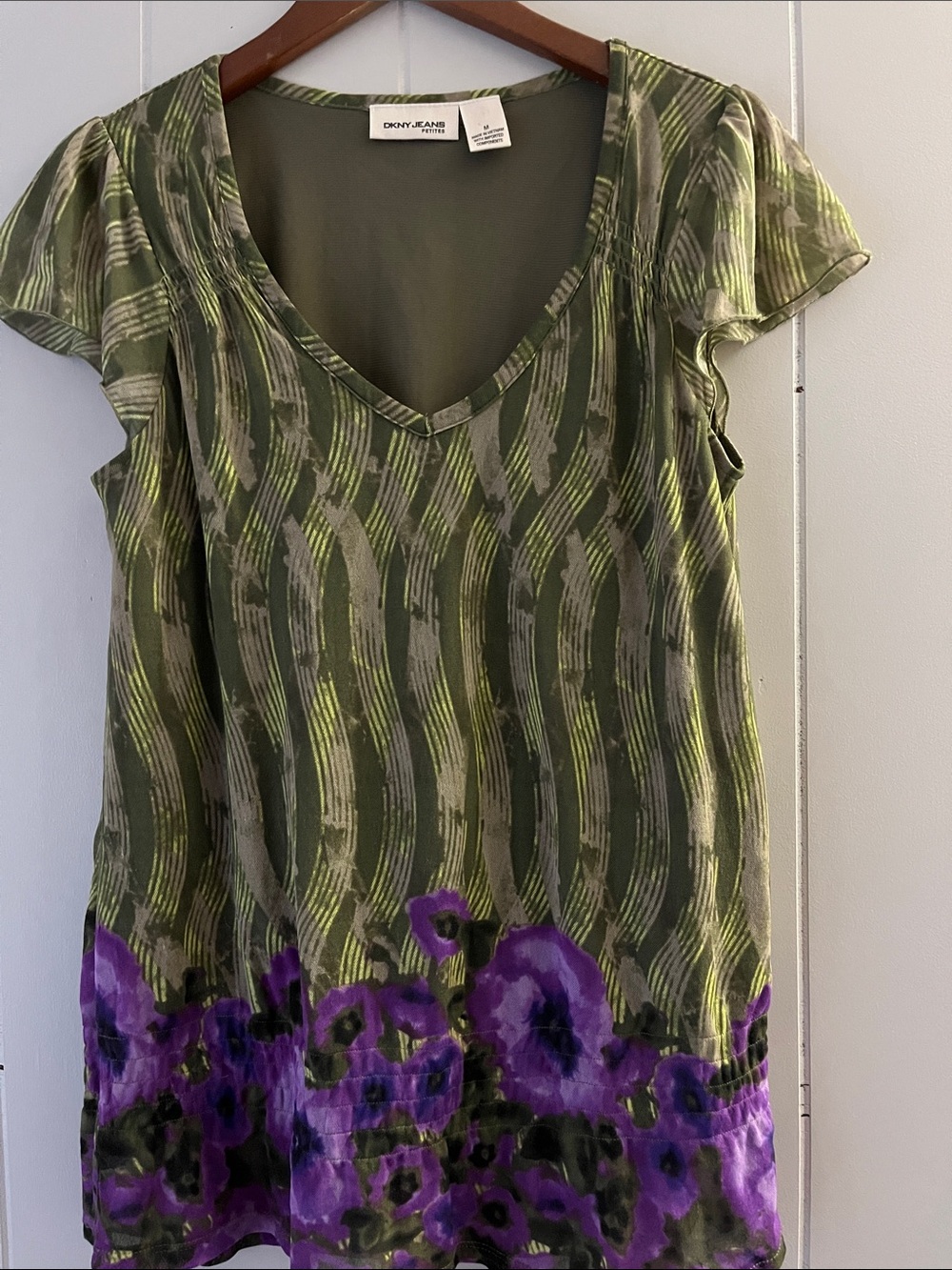 Dkny Olive Green V-Neck Tunic with Purple Floral Border